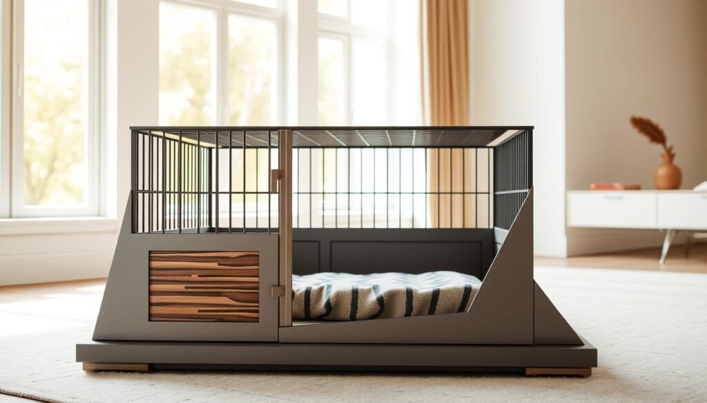 A modern, elegant dog crate with decorative wooden panels and brushed metal accents. The crate is positioned in a well-lit, minimalist living room setting with warm, natural lighting filtering through large windows. The crate features a sleek, angular design with clean lines and a subtle, muted color palette. Decorative elements, such as carved wooden inlays or subtle metallic detailing, add visual interest and a touch of sophistication. The overall atmosphere is one of refined, contemporary style that seamlessly blends form and function for a chic, multipurpose pet furniture piece.