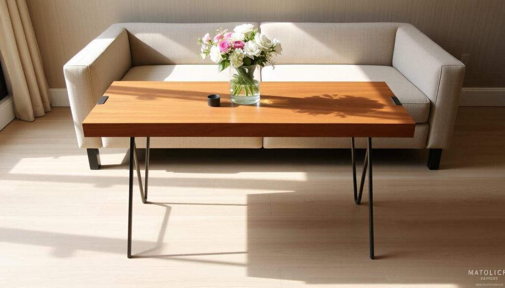 A modern, elegant sofa table with a polished wood finish, standing on slender black metal legs. The tabletop is adorned with a minimalist vase of fresh flowers, casting soft shadows on the surface. Behind the table, a pair of modern, upholstered stools in a complementary color scheme invite guests to sit and converse. The scene is bathed in warm, natural lighting that highlights the tactile texture of the wood and the plush fabric. The overall atmosphere is one of refined simplicity and tasteful sophistication, perfect for showcasing this custom woodworking project. A modern, elegant sofa table with a polished wood finish, standing on slender black metal legs. The tabletop is adorned with a minimalist vase of fresh flowers, casting soft shadows on the surface. Behind the table, a pair of modern, upholstered stools in a complementary color scheme invite guests to sit and converse. The scene is bathed in warm, natural lighting that highlights the tactile texture of the wood and the plush fabric. The overall atmosphere is one of refined simplicity and tasteful sophistication, perfect for showcasing this custom woodworking project.