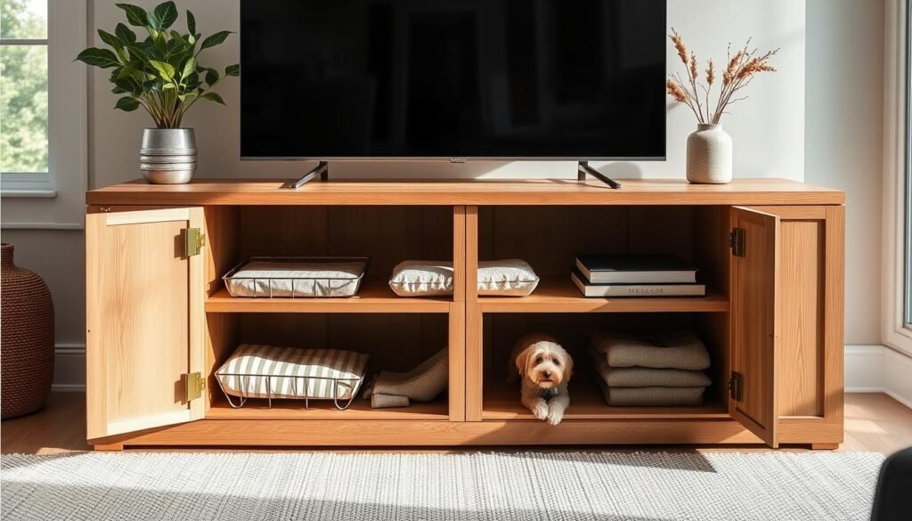 A modern, minimalist DIY dog crate console with ample storage space. The crate is made of natural wood with a sleek, clean-lined design, seamlessly integrated into a stylish end table or TV stand. Soft, neutral-toned fabrics and brass hardware create an elevated, contemporary aesthetic. The storage compartments are hidden behind discreet cabinet doors, keeping pet essentials neatly tucked away. Indirect lighting casts a warm, cozy glow, highlighting the quality craftsmanship. The crate is positioned in a bright, airy room with large windows, allowing natural light to flood the space. The overall mood is one of sophisticated functionality, elevating the humble dog crate into a chic, multifunctional piece of furniture.