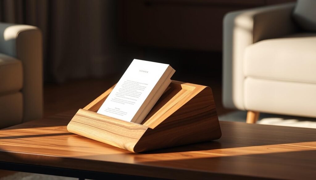 A modern, minimalist coffee table book holder crafted from sleek, polished hardwood. The holder features clean lines and a simple, elegant design that complements any living room decor. Warm, directional lighting casts a gentle glow, highlighting the natural wood grain and casting subtle shadows. The holder is positioned prominently on a low, sturdy coffee table, framed by plush, neutral-toned upholstery. The scene evokes a serene, cozy atmosphere, perfect for curling up with a good book.