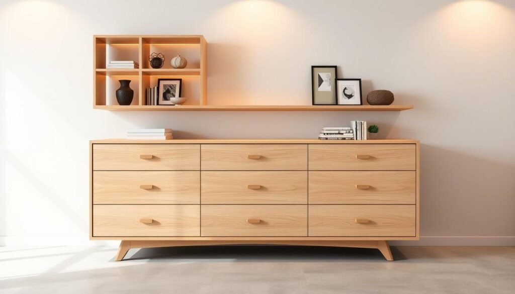 A modern, minimalist dresser with clean lines and a light wood finish stands against a neutral backdrop. The top features an array of shelves with carefully curated decor pieces, creating a stylish and functional display. The middle section showcases a set of sleek, soft-close drawers, their hardware reflecting the contemporary aesthetic. Warm, directional lighting casts a gentle glow, highlighting the dresser's elegant silhouette and accentuating the natural grain of the wood. The overall composition exudes a sense of balance, inviting the viewer to imagine this piece seamlessly integrated into a modern, well-designed living space.