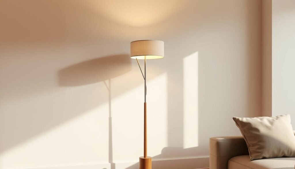 A modern, minimalist floor lamp standing in a well-lit, contemporary living room. The lamp's sleek, wooden base tapers elegantly into a thin, adjustable steel stem, supporting a gently curved, off-white fabric shade. Soft, warm light filters through the shade, casting a cozy, inviting glow across the room. The lamp is positioned against a neutral-toned wall, complemented by clean-lined furniture and natural wood accents. Crisp shadows create visual depth, while the overall scene conveys a sense of refined, understated sophistication. A modern, minimalist floor lamp standing in a well-lit, contemporary living room. The lamp's sleek, wooden base tapers elegantly into a thin, adjustable steel stem, supporting a gently curved, off-white fabric shade. Soft, warm light filters through the shade, casting a cozy, inviting glow across the room. The lamp is positioned against a neutral-toned wall, complemented by clean-lined furniture and natural wood accents. Crisp shadows create visual depth, while the overall scene conveys a sense of refined, understated sophistication.