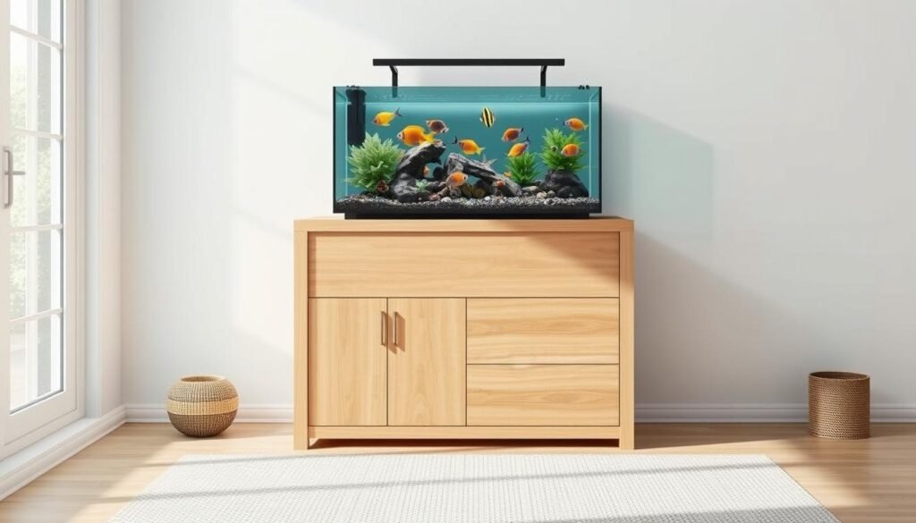 A modern, minimalist wooden DIY fish tank cabinet in a bright, airy home setting. The cabinet features clean lines, natural wood grain, and ample storage space for fish supplies. The cabinet is positioned against a plain white wall, with a large window letting in soft, natural light. On top, an aquarium filled with tropical fish creates a peaceful, captivating focal point. The overall mood is one of calm, simplicity, and functionality, perfectly complementing the "Incorporating Storage Solutions" section of the article.