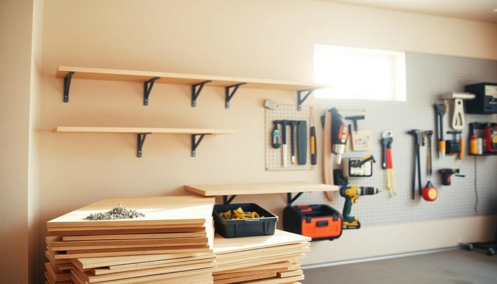 A neatly organized garage wall, bathed in warm, natural light filtering in through a window. In the foreground, a collection of essential DIY shelving materials are carefully arranged: a stack of sturdy wood planks of various lengths, a toolbox filled with screws, nails, and drill bits, a power drill, and a measuring tape. In the middle ground, the wall is adorned with pre-installed brackets, ready to support the shelves. The background features a pegboard system, providing ample space to hang additional tools and accessories. The overall scene conveys a sense of efficiency, organization, and the satisfaction of a well-equipped DIY workspace.