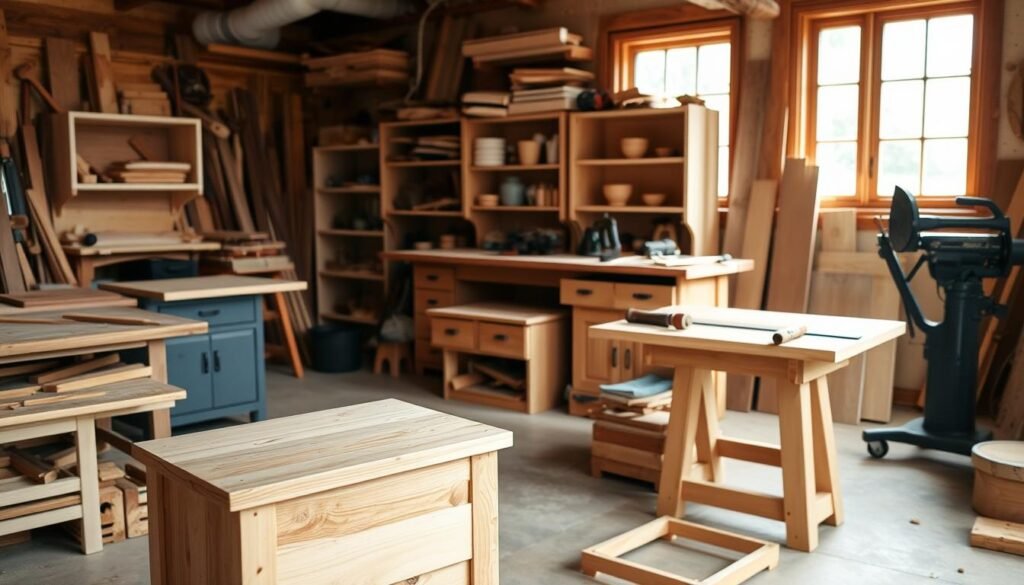 A neatly organized woodworking workshop, filled with an assortment of beginner-friendly projects. In the foreground, a rustic bedside table with a smooth, unfinished wooden top and simple, minimalist legs. Nearby, a small bookshelf or floating shelves showcasing basic woodworking techniques like dovetail joints and simple sanding. In the middle ground, a workbench with essential tools like a hand saw, chisel, and hammer, while the background features natural light streaming in through large windows, illuminating the space with a warm, inviting glow. The overall atmosphere conveys a sense of tranquility and the rewarding feeling of crafting one's own furniture. A neatly organized woodworking workshop, filled with an assortment of beginner-friendly projects. In the foreground, a rustic bedside table with a smooth, unfinished wooden top and simple, minimalist legs. Nearby, a small bookshelf or floating shelves showcasing basic woodworking techniques like dovetail joints and simple sanding. In the middle ground, a workbench with essential tools like a hand saw, chisel, and hammer, while the background features natural light streaming in through large windows, illuminating the space with a warm, inviting glow. The overall atmosphere conveys a sense of tranquility and the rewarding feeling of crafting one's own furniture.