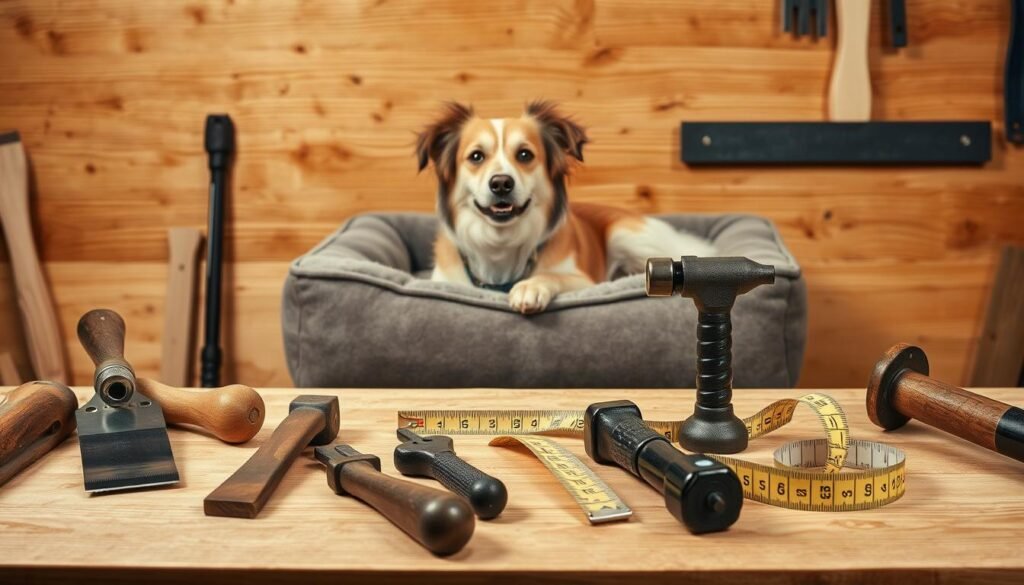 A neatly organized workbench set against a warm, natural wooden backdrop. In the foreground, an array of meticulously arranged woodworking tools - a sharp chisel, a well-oiled hand saw, a sturdy hammer, and a precise measuring tape. The lighting is soft and diffused, casting gentle shadows that highlight the textures and details of the tools. In the middle ground, a fluffy, friendly dog rests peacefully on a plush dog bed, its eyes attentive and its posture alert, as if ready to lend a paw. The overall scene exudes a sense of cozy, rustic charm, inviting the viewer to imagine the process of crafting a stylish, custom-made dog bed.