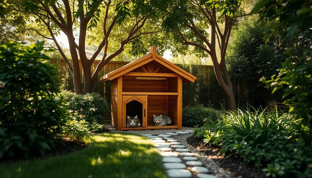 A picturesque outdoor setting with a well-crafted wooden cat shelter nestled in a cozy corner. The shelter is strategically placed amidst lush greenery, allowing for ample shade and privacy. Gentle sunlight filters through the canopy of trees, casting a warm, inviting glow. The shelter's design features intricate detailing, blending seamlessly with the natural surroundings. A path of smooth pebbles leads towards the entrance, inviting curious felines to explore their new haven. The overall scene exudes a sense of tranquility and harmony, perfectly suited for the maintenance and placement of a cat's outdoor retreat. A picturesque outdoor setting with a well-crafted wooden cat shelter nestled in a cozy corner. The shelter is strategically placed amidst lush greenery, allowing for ample shade and privacy. Gentle sunlight filters through the canopy of trees, casting a warm, inviting glow. The shelter's design features intricate detailing, blending seamlessly with the natural surroundings. A path of smooth pebbles leads towards the entrance, inviting curious felines to explore their new haven. The overall scene exudes a sense of tranquility and harmony, perfectly suited for the maintenance and placement of a cat's outdoor retreat.