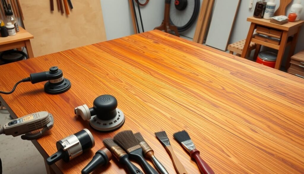A pristine hardwood table top, its surface gleaming under the warm glow of studio lighting. The grain patterns are accentuated by a sleek, satin-smooth finish, the result of meticulous sanding and polishing techniques. In the foreground, an array of finishing tools are neatly arranged - orbital sanders, hand-held brushes, and an array of stains and varnishes. The background features a clean, minimalist workspace, hinting at the care and precision required to transform a raw piece of wood into a stunning, professional-grade table top. A pristine hardwood table top, its surface gleaming under the warm glow of studio lighting. The grain patterns are accentuated by a sleek, satin-smooth finish, the result of meticulous sanding and polishing techniques. In the foreground, an array of finishing tools are neatly arranged - orbital sanders, hand-held brushes, and an array of stains and varnishes. The background features a clean, minimalist workspace, hinting at the care and precision required to transform a raw piece of wood into a stunning, professional-grade table top.