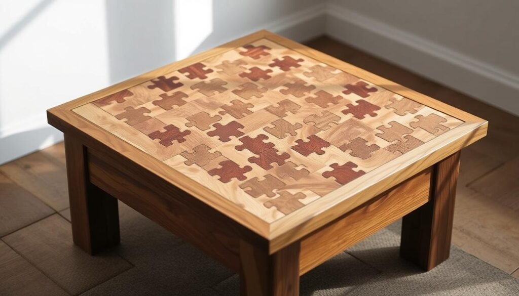 A puzzle-shaped coffee table top sits atop a sturdy wooden frame, its surface covered in a mosaic of intricate interlocking pieces. The wood grain patterns create a warm, natural aesthetic, while the puzzle design adds a touch of playful whimsy. Soft, diffused lighting gently illuminates the table, casting gentle shadows that accentuate the depth and texture of the puzzle elements. The composition is captured from a slightly elevated angle, allowing the viewer to appreciate the intricate details and the overall cohesive design. The mood is one of casual sophistication, inviting the viewer to imagine the table as the centerpiece of a cozy living space.