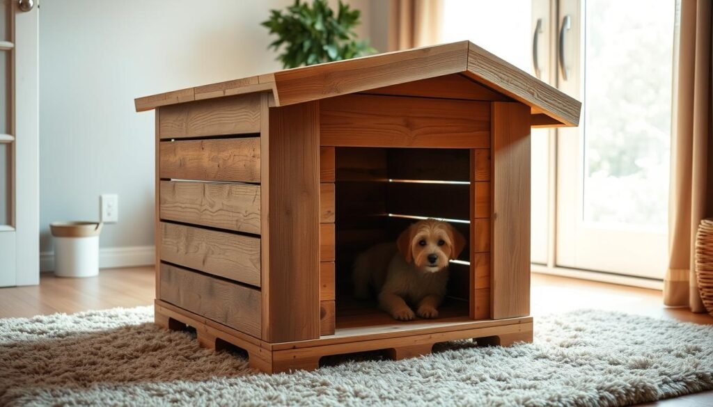 A rustic and charming DIY dog house made from weathered wooden pallets, standing in a cozy and inviting indoor setting. The structure features a slanted roof, a warm wooden tone, and a welcoming entrance. Soft natural lighting filters in, creating a gentle, homey atmosphere. The dog house is situated on a plush, earthy-toned rug, with subtle hints of greenery in the background, suggesting a relaxing, nature-inspired ambiance. The overall composition conveys a sense of craftsmanship, comfort, and a tailored space for a beloved canine companion. A rustic and charming DIY dog house made from weathered wooden pallets, standing in a cozy and inviting indoor setting. The structure features a slanted roof, a warm wooden tone, and a welcoming entrance. Soft natural lighting filters in, creating a gentle, homey atmosphere. The dog house is situated on a plush, earthy-toned rug, with subtle hints of greenery in the background, suggesting a relaxing, nature-inspired ambiance. The overall composition conveys a sense of craftsmanship, comfort, and a tailored space for a beloved canine companion.