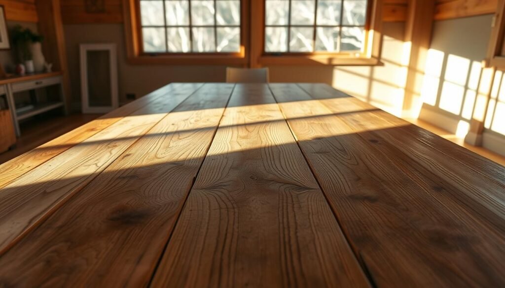 A rustic farmhouse tabletop, handcrafted with reclaimed wood planks, takes center stage against a warm, natural backdrop. Sunlight filters in through large windows, casting a soft, golden glow across the textured surface. The grain of the wood is prominent, showcasing the raw, weathered character of the materials. Carefully joined and sanded, the tabletop exhibits a sturdy, yet refined construction, ready to serve as the foundation for a cozy, homespun gathering. The scene evokes a sense of timeless craftsmanship, inviting the viewer to imagine the stories and memories that will unfold upon this charming, one-of-a-kind tabletop.