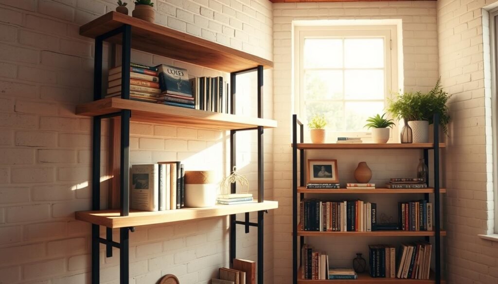 A rustic, handcrafted DIY bookshelf stands proudly in a cozy, sun-lit corner. Constructed from sturdy, reclaimed wood planks and simple metal brackets, its natural grain and imperfections lend a charming, homemade aesthetic. Soft, diffused lighting from a large window bathes the shelves in a warm, golden glow, casting gentle shadows that accentuate the depth and texture of the materials. Neatly arranged books, trinkets, and decorative accents populate the shelves, creating a lived-in, personal atmosphere. The bookshelf is positioned against a whitewashed brick wall, complementing the natural, earthy tones of the wood. An overall sense of simplicity, functionality, and attention to detail pervades the scene, embodying the spirit of a DIY weekend project.