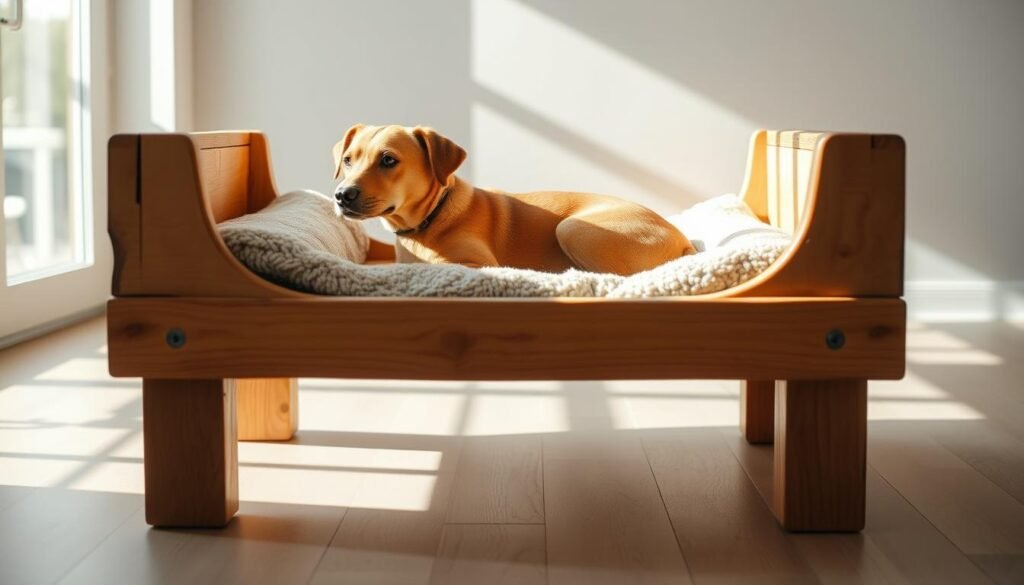 A rustic, handcrafted wooden dog bed frame, the centerpiece of a cozy and inviting space. The frame features a sturdy, natural-grained wood construction, with smoothly sanded edges and a warm, honey-toned finish. Positioned in a well-lit, airy room, the bed casts soft, diffused shadows, creating a tranquil, serene atmosphere. The frame is elevated on four sturdy legs, offering a comfortable, elevated resting place for a beloved canine companion. Plush, textured bedding fills the frame, inviting the dog to curl up and relax. The overall design is simple yet elegant, reflecting the care and attention to detail that has gone into its creation, perfectly suited to the "Crafting a Cozy Wooden Bed Frame" section of the article. A rustic, handcrafted wooden dog bed frame, the centerpiece of a cozy and inviting space. The frame features a sturdy, natural-grained wood construction, with smoothly sanded edges and a warm, honey-toned finish. Positioned in a well-lit, airy room, the bed casts soft, diffused shadows, creating a tranquil, serene atmosphere. The frame is elevated on four sturdy legs, offering a comfortable, elevated resting place for a beloved canine companion. Plush, textured bedding fills the frame, inviting the dog to curl up and relax. The overall design is simple yet elegant, reflecting the care and attention to detail that has gone into its creation, perfectly suited to the "Crafting a Cozy Wooden Bed Frame" section of the article.