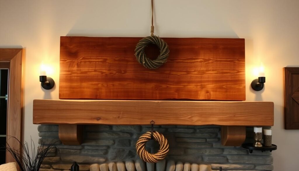 A rustic, reclaimed wood mantel with a weathered, textured surface takes center stage in a cozy, cabin-inspired living room. Soft, warm lighting from sconces on either side casts a gentle glow, highlighting the natural grain and imperfections of the wood. The mantel is mounted on the wall, appearing to float above a stone or brick fireplace surround. Lush, earthy tones of the wood complement the neutral palette of the room, creating a harmonious, inviting atmosphere. Ornamental elements like a hanging wreath or decorative candles add subtle, rustic charm. The overall composition evokes a sense of timeless, countryside elegance.