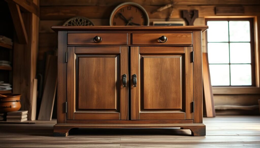 A rustic sideboard cabinet with a distressed wood finish, featuring two paneled doors and three drawers. The cabinet is set against a backdrop of a cozy, well-lit interior, with warm lighting casting a soft glow. The foreground showcases intricate woodworking details, such as dovetail joints and hand-carved accents. The middle ground highlights the cabinet's functional elements, including antique-style hardware and a sturdy, weathered frame. The background blends seamlessly, creating a harmonious, artisanal atmosphere that complements the piece's rustic charm. Capture the essence of a beautifully crafted, heirloom-quality sideboard cabinet, ready to take center stage in the "Creating and Hanging Cabinet Doors" section.