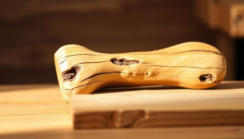 A rustic wooden dog chew toy, textured with natural grooves and carved details, resting on a warm-toned wooden surface. Soft, diffused lighting from above creates gentle shadows, highlighting the toy's handcrafted charm. The background is blurred, focusing attention on the crafted object in the foreground. The composition conveys a sense of simplicity and homemade quality, suitable for a DIY woodworking guide.