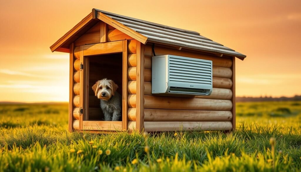 A rustic wooden dog house with a sleek air conditioning unit installed on the side, casting a soft, natural light. The house sits atop a lush, grassy field, with a few scattered wildflowers in the foreground. The background features a warm, golden sunset sky, hinting at the soothing, comfortable environment for the furry occupant. The design is practical yet aesthetically pleasing, showcasing the DIY spirit of the project. The camera angle is positioned to capture the full structure, highlighting the cost-effective air conditioning solution integrated seamlessly into the overall design. A rustic wooden dog house with a sleek air conditioning unit installed on the side, casting a soft, natural light. The house sits atop a lush, grassy field, with a few scattered wildflowers in the foreground. The background features a warm, golden sunset sky, hinting at the soothing, comfortable environment for the furry occupant. The design is practical yet aesthetically pleasing, showcasing the DIY spirit of the project. The camera angle is positioned to capture the full structure, highlighting the cost-effective air conditioning solution integrated seamlessly into the overall design.