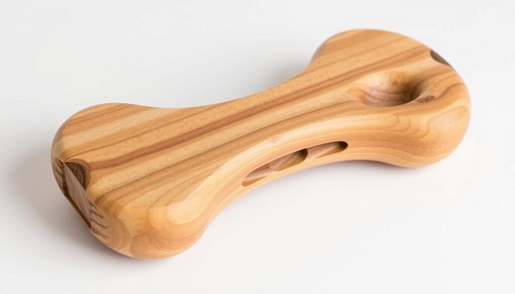 A rustic wooden dog toy with natural textures and warm tones, resting on a clean, white background. The toy is crafted from smooth, unfinished wood with a simple, organic shape that would appeal to both dogs and their owners. Soft, diffused lighting illuminates the toy, highlighting the grain and character of the wood. The scene conveys a sense of simplicity, quality, and handcrafted charm, suitable for a DIY woodworking project.