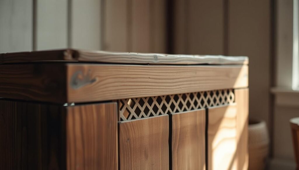 A rustic wooden hamper with a decorative ventilation design, illuminated by soft natural lighting. In the foreground, the hamper's intricate lattice-like pattern of carved openings allows air circulation, while the middle ground showcases the warm, textured grain of the weathered wood. The background gently fades into a cozy, inviting ambiance, creating a harmonious blend of functional and aesthetic elements.