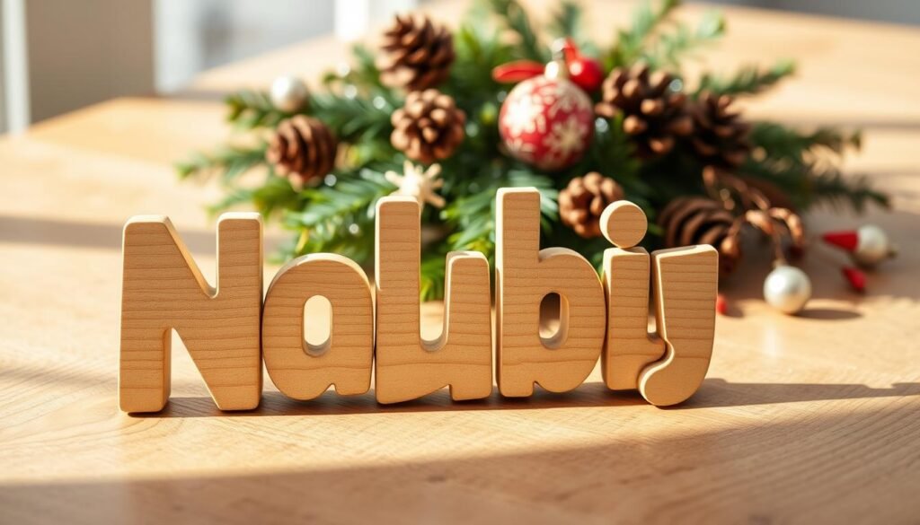 A rustic wooden name puzzle, its smooth letters and intricate grain reflecting warm, natural light. The puzzle rests on a cozy, textured wooden surface, casting gentle shadows. In the background, a softly blurred arrangement of seasonal evergreen sprigs, pinecones, and a sprinkling of holiday-themed ornaments, creating a festive, homemade atmosphere. The overall composition evokes a sense of handcrafted care and personalized charm, perfect for a cherished baby's first holiday. A rustic wooden name puzzle, its smooth letters and intricate grain reflecting warm, natural light. The puzzle rests on a cozy, textured wooden surface, casting gentle shadows. In the background, a softly blurred arrangement of seasonal evergreen sprigs, pinecones, and a sprinkling of holiday-themed ornaments, creating a festive, homemade atmosphere. The overall composition evokes a sense of handcrafted care and personalized charm, perfect for a cherished baby's first holiday.