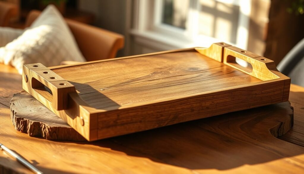 A rustic wooden serving tray with thick, weathered oak boards and sturdy, carved handles. The tray is positioned on a rough-hewn wooden surface, casting warm, natural shadows. Soft, diffused lighting illuminates the tray's textured grain and subtle distressing, evoking a sense of rustic charm. The background is a blurred, cozy interior, hinting at a welcoming, homely atmosphere. The overall composition conveys a sense of simple, earthy elegance, perfect for displaying holiday treats or serving guests. A rustic wooden serving tray with thick, weathered oak boards and sturdy, carved handles. The tray is positioned on a rough-hewn wooden surface, casting warm, natural shadows. Soft, diffused lighting illuminates the tray's textured grain and subtle distressing, evoking a sense of rustic charm. The background is a blurred, cozy interior, hinting at a welcoming, homely atmosphere. The overall composition conveys a sense of simple, earthy elegance, perfect for displaying holiday treats or serving guests.
