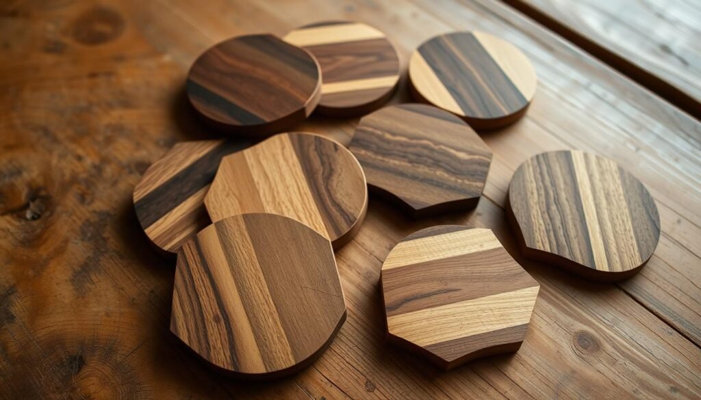 A rustic wooden tabletop, its surface adorned with a collection of hand-crafted coasters. The coasters, each uniquely shaped and textured, are made from various types of wood - oak, maple, and walnut. They are finished with a natural, matte sealant that highlights the grain and character of the materials. The coasters are arranged in a visually appealing, yet casual manner, suggesting a homemade, artisanal quality. Soft, warm lighting casts gentle shadows, creating depth and a cozy, inviting atmosphere. The overall scene conveys a sense of craftsmanship, simplicity, and the joy of creating something practical and beautiful with one's own hands. A rustic wooden tabletop, its surface adorned with a collection of hand-crafted coasters. The coasters, each uniquely shaped and textured, are made from various types of wood - oak, maple, and walnut. They are finished with a natural, matte sealant that highlights the grain and character of the materials. The coasters are arranged in a visually appealing, yet casual manner, suggesting a homemade, artisanal quality. Soft, warm lighting casts gentle shadows, creating depth and a cozy, inviting atmosphere. The overall scene conveys a sense of craftsmanship, simplicity, and the joy of creating something practical and beautiful with one's own hands.
