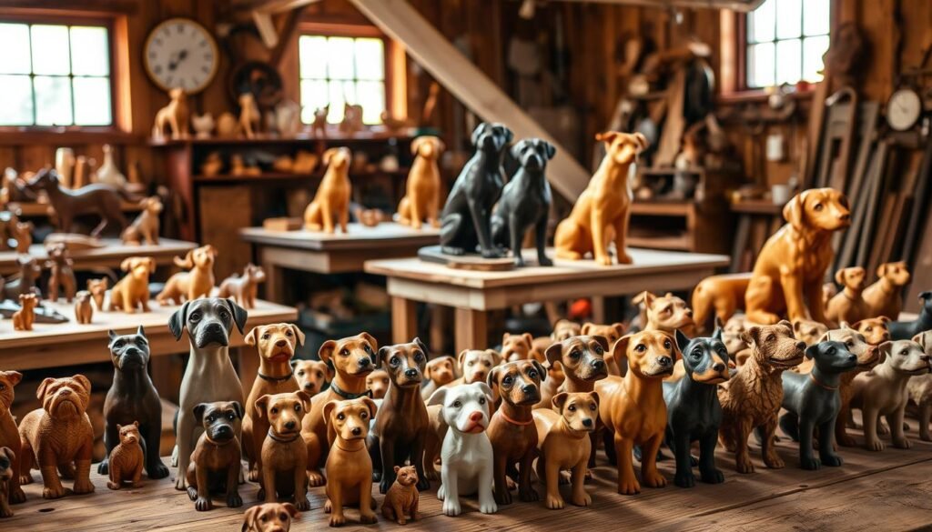 A rustic wooden workshop filled with an assortment of handcrafted dog figurines, each one uniquely carved and sanded to perfection. In the foreground, a collection of small, whimsical dog sculptures made from various types of wood, their expressions captured in intricate detail. In the middle ground, larger sculptures of rescue dogs sit on workbenches, their proud poses and expressive features showcasing the skilled craftsmanship. The background is softly lit, with warm beams of light filtering through the windows, casting a cozy, inviting atmosphere. The overall scene conveys a sense of care, attention to detail, and the joy of creating unique, heartfelt gifts for beloved four-legged companions. A rustic wooden workshop filled with an assortment of handcrafted dog figurines, each one uniquely carved and sanded to perfection. In the foreground, a collection of small, whimsical dog sculptures made from various types of wood, their expressions captured in intricate detail. In the middle ground, larger sculptures of rescue dogs sit on workbenches, their proud poses and expressive features showcasing the skilled craftsmanship. The background is softly lit, with warm beams of light filtering through the windows, casting a cozy, inviting atmosphere. The overall scene conveys a sense of care, attention to detail, and the joy of creating unique, heartfelt gifts for beloved four-legged companions.