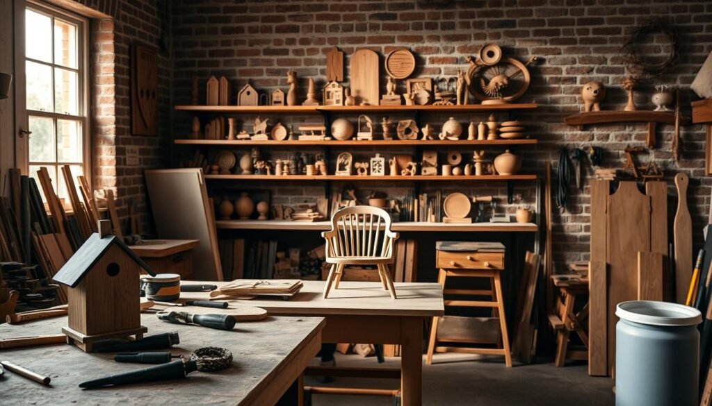 A serene, well-lit workshop filled with a variety of woodworking projects in various stages of completion. In the foreground, a delicate hand-carved wooden birdhouse sits on a workbench, next to neatly organized hand tools. In the middle ground, a sanding station with a half-finished wooden chair frame, the soft glow of the overhead lighting adding warmth to the scene. In the background, shelves displaying an assortment of finished woodwork pieces, from simple trinket boxes to intricate wall-mounted sculptures, casting gentle shadows on the exposed brick walls. The atmosphere is one of focused, mindful creation, evoking a sense of therapeutic calm and personal fulfillment. A serene, well-lit workshop filled with a variety of woodworking projects in various stages of completion. In the foreground, a delicate hand-carved wooden birdhouse sits on a workbench, next to neatly organized hand tools. In the middle ground, a sanding station with a half-finished wooden chair frame, the soft glow of the overhead lighting adding warmth to the scene. In the background, shelves displaying an assortment of finished woodwork pieces, from simple trinket boxes to intricate wall-mounted sculptures, casting gentle shadows on the exposed brick walls. The atmosphere is one of focused, mindful creation, evoking a sense of therapeutic calm and personal fulfillment.