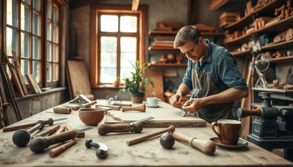 A serene woodworking workshop, flooded with warm, natural light from large windows. In the foreground, a skilled craftsperson intently shaping a smooth, polished wood piece with a hand plane, their movements measured and focused. Scattered across a workbench are an assortment of well-worn, vintage tools - chisels, mallets, and a hand-cranked lathe. In the middle ground, a potted plant and a mug of steaming tea suggest a tranquil, mindful atmosphere. The background reveals a tidy, organized space, shelves displaying an array of finished wooden creations. The overall scene evokes a sense of concentration, tranquility, and the therapeutic joy of crafting with one's own hands. A serene woodworking workshop, flooded with warm, natural light from large windows. In the foreground, a skilled craftsperson intently shaping a smooth, polished wood piece with a hand plane, their movements measured and focused. Scattered across a workbench are an assortment of well-worn, vintage tools - chisels, mallets, and a hand-cranked lathe. In the middle ground, a potted plant and a mug of steaming tea suggest a tranquil, mindful atmosphere. The background reveals a tidy, organized space, shelves displaying an array of finished wooden creations. The overall scene evokes a sense of concentration, tranquility, and the therapeutic joy of crafting with one's own hands.