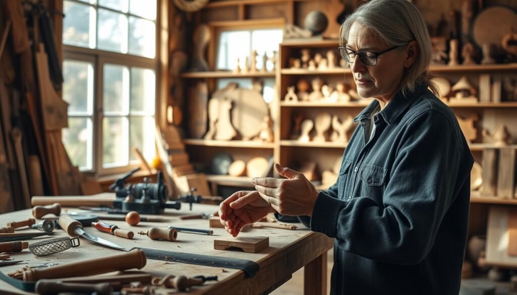 A serene woodworking workshop, with natural light filtering through large windows, casting a warm glow on a workbench overflowing with hand tools and a half-finished project. In the foreground, the skilled hands of a craftsperson delicately shape a piece of wood, their focused expression conveying a sense of mindfulness and stress relief. In the background, shelves display an array of intricate wooden creations, hinting at the satisfaction and therapeutic benefits of this creative pursuit. The scene evokes a calming, meditative atmosphere, where the rhythmic motions of woodworking provide a tranquil escape from the demands of daily life. A serene woodworking workshop, with natural light filtering through large windows, casting a warm glow on a workbench overflowing with hand tools and a half-finished project. In the foreground, the skilled hands of a craftsperson delicately shape a piece of wood, their focused expression conveying a sense of mindfulness and stress relief. In the background, shelves display an array of intricate wooden creations, hinting at the satisfaction and therapeutic benefits of this creative pursuit. The scene evokes a calming, meditative atmosphere, where the rhythmic motions of woodworking provide a tranquil escape from the demands of daily life.