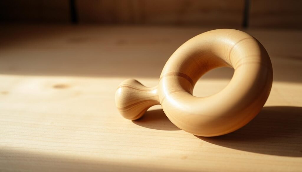 A simple, handcrafted wooden rattle in a rustic, natural setting. The rattle's surface features a warm, sanded finish, with a smooth, rounded shape that would be comfortable for a baby's grasp. Gentle natural lighting illuminates the rattle, casting soft shadows that accentuate its organic textures. The rattle is positioned on a plain, wooden surface, perhaps a tabletop or workbench, surrounded by a minimal, uncluttered backdrop that allows the object to be the focal point. An atmosphere of simplicity, craftsmanship, and the joyful anticipation of a baby's first holiday celebration. A simple, handcrafted wooden rattle in a rustic, natural setting. The rattle's surface features a warm, sanded finish, with a smooth, rounded shape that would be comfortable for a baby's grasp. Gentle natural lighting illuminates the rattle, casting soft shadows that accentuate its organic textures. The rattle is positioned on a plain, wooden surface, perhaps a tabletop or workbench, surrounded by a minimal, uncluttered backdrop that allows the object to be the focal point. An atmosphere of simplicity, craftsmanship, and the joyful anticipation of a baby's first holiday celebration.
