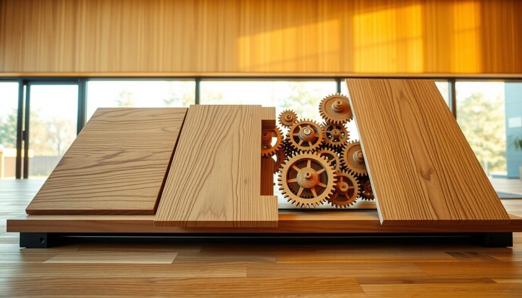 A sliding panel system with intricate wooden gears and mechanisms, illuminated by warm natural lighting filtering through a large window. The panels glide smoothly on hidden tracks, creating an engaging interactive display. The woodgrain textures and clean, minimalist design evoke a sense of refined craftsmanship. Capturing the essence of a puzzle coffee table, the image showcases the captivating interplay of form and function. Careful camera angles highlight the mesmerizing motion of the sliding panels, drawing the viewer into the interactive experience.