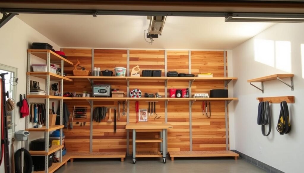 A spacious garage workshop with a well-designed wall shelf system in the foreground. The shelves are made of sturdy wood planks, arranged in a practical and visually appealing layout, with ample storage space for tools, supplies, and various garage essentials. The lighting is a combination of warm, natural sunlight streaming through the garage windows and strategically placed overhead lighting fixtures, creating a balanced and inviting atmosphere. In the middle ground, there is a workbench or work surface, suggesting a functional and organized workspace. The background features the clean, neutral-toned walls of the garage, providing a clean and uncluttered backdrop to showcase the carefully planned wall shelves.