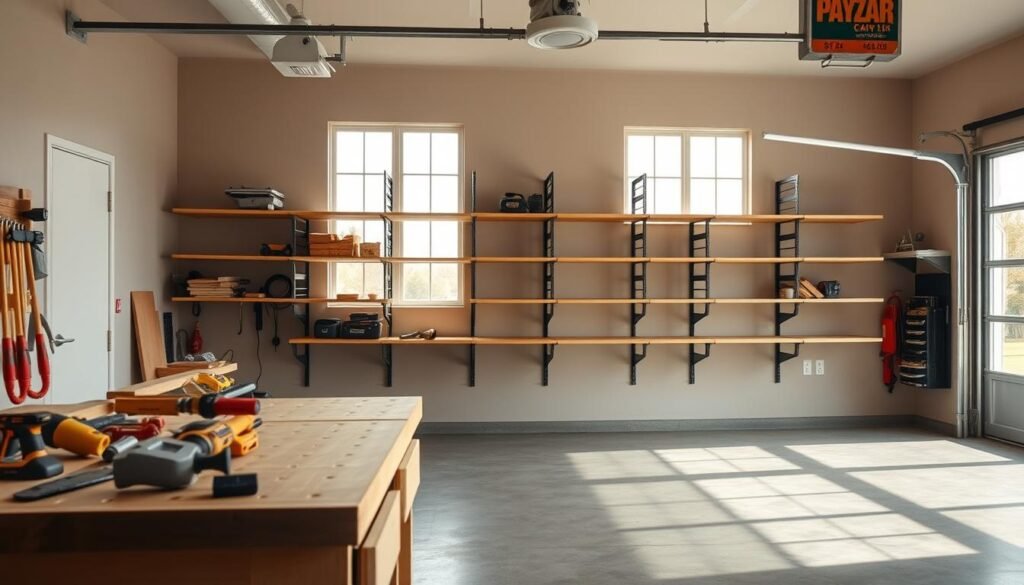 A spacious, well-lit garage interior with a focus on the wall shelving installation process. The foreground showcases a sturdy workbench with various woodworking tools, neatly organized. In the middle ground, a step-by-step installation of modular wall shelving units is depicted, highlighting the hardware and fastening techniques. The background features a clean, uncluttered garage space with a neutral color palette, allowing the shelving installation to be the central focus. The lighting is natural, streaming in through large windows, creating a warm, inviting atmosphere. The overall composition conveys a sense of organization, efficiency, and a practical approach to maximizing garage storage space.