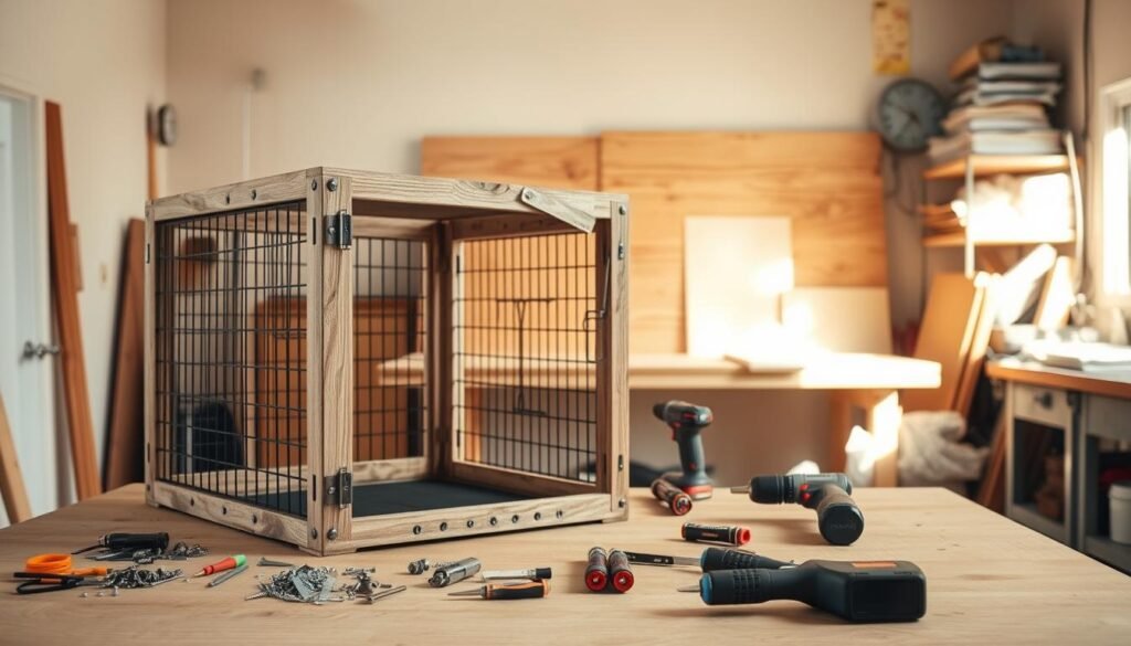 A spacious, well-lit workshop setting. In the foreground, a wooden dog crate stands open, its sturdy frame and metal mesh panel construction clearly visible. Scattered around the crate are an assortment of tools and hardware, including screws, hinges, and a cordless drill, hinting at the assembly process. In the middle ground, a natural wood-grained surface, possibly a workbench or table top, provides a clean and organized workspace. The background features a neutral-toned wall, with a few shelves displaying various DIY materials and supplies, creating a sense of a dedicated project area. Warm, natural lighting casts a gentle glow, accentuating the textures and materials, and evoking a peaceful, focused atmosphere for the dog crate end table assembly.