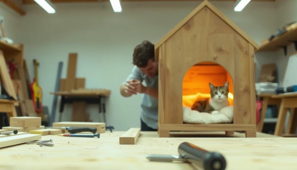 A step-by-step construction guide for a DIY heated cat house, showcasing the woodworking process in a clean, well-lit workshop setting. In the foreground, a tabletop is visible, with various hand tools and materials such as wood planks, screws, and a saw. In the middle ground, a carpenter is intently working on assembling the structure, their hands skillfully guiding the construction. The background depicts the warm, cozy interior of the finished cat house, with a soft, fluffy cushion and a contented feline nestled inside, radiating an aura of comfort and relaxation. The lighting is soft and even, accentuating the details of the process and creating a welcoming, inviting atmosphere. The camera angle is slightly elevated, allowing the viewer to observe the step-by-step progression of the build. A step-by-step construction guide for a DIY heated cat house, showcasing the woodworking process in a clean, well-lit workshop setting. In the foreground, a tabletop is visible, with various hand tools and materials such as wood planks, screws, and a saw. In the middle ground, a carpenter is intently working on assembling the structure, their hands skillfully guiding the construction. The background depicts the warm, cozy interior of the finished cat house, with a soft, fluffy cushion and a contented feline nestled inside, radiating an aura of comfort and relaxation. The lighting is soft and even, accentuating the details of the process and creating a welcoming, inviting atmosphere. The camera angle is slightly elevated, allowing the viewer to observe the step-by-step progression of the build.