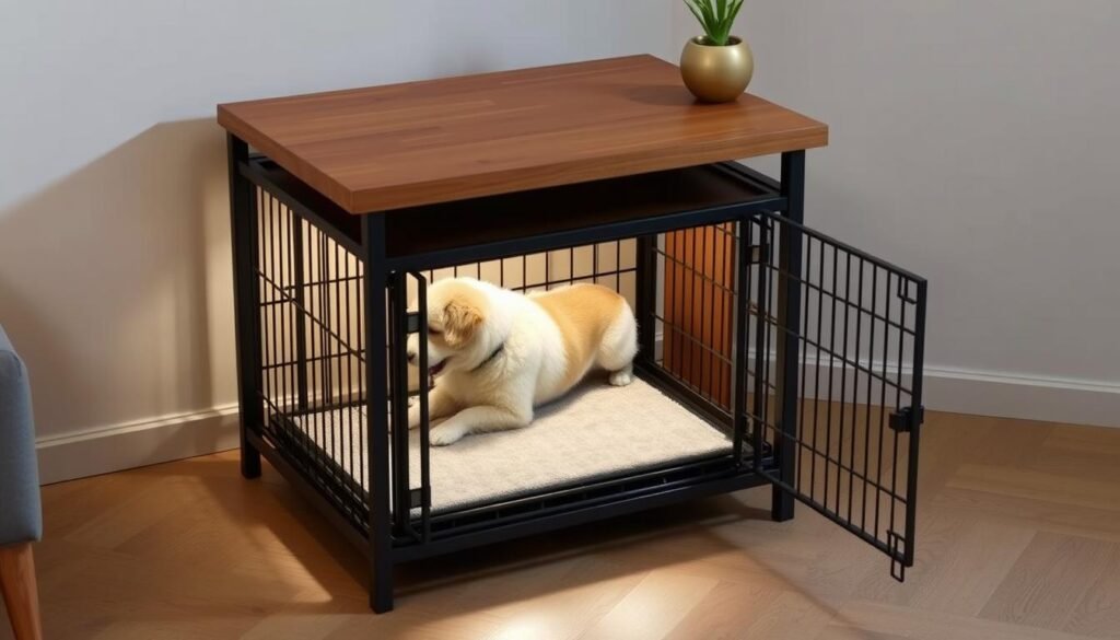 A sturdy and elegantly crafted pet crate end table, featuring a smooth, wooden tabletop in a warm, natural tone. The tabletop is supported by a sturdy metal frame, with clean lines and a matte black finish that complements the wood. The sides of the frame are open, revealing a spacious pet crate compartment underneath, accessible through a front-facing door. Soft, ambient lighting illuminates the scene, creating a cozy and inviting atmosphere. The entire piece is designed with both style and functionality in mind, seamlessly blending into a modern, minimalist living space.
