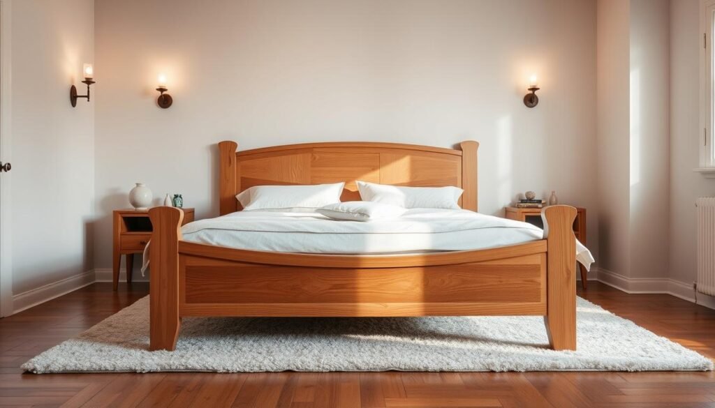 A sturdy, hand-crafted wooden bed frame stands in the center of a well-lit, cozy bedroom. The frame features intricate joinery and a warm, natural wood grain, expertly planed and sanded. Delicate carved accents adorn the headboard and footboard, adding an elegant touch. Soft, diffused lighting from a pair of sconces casts a gentle glow, creating a serene, inviting atmosphere. The frame is positioned on a wooden floor, with a plush area rug adding texture and visual interest. Neutral-toned bedding and minimal decor allow the frame to be the focal point, showcasing the skilled craftsmanship of this custom-built piece. A sturdy, hand-crafted wooden bed frame stands in the center of a well-lit, cozy bedroom. The frame features intricate joinery and a warm, natural wood grain, expertly planed and sanded. Delicate carved accents adorn the headboard and footboard, adding an elegant touch. Soft, diffused lighting from a pair of sconces casts a gentle glow, creating a serene, inviting atmosphere. The frame is positioned on a wooden floor, with a plush area rug adding texture and visual interest. Neutral-toned bedding and minimal decor allow the frame to be the focal point, showcasing the skilled craftsmanship of this custom-built piece.