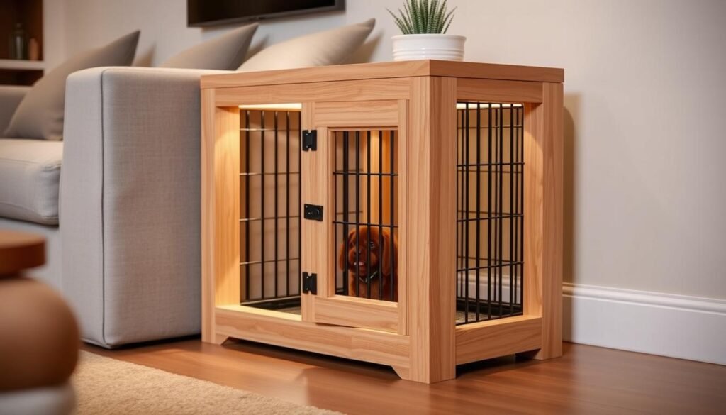 A sturdy, multifunctional dog crate frame crafted from warm wood, its sleek design blending seamlessly into a modern living space. The frame features clean, minimalist lines, accentuated by a natural wood grain texture. Soft, indirect lighting casts a cozy glow, creating an inviting atmosphere. The crate door is subtly integrated, its hinges and hardware barely visible. Compact yet versatile, this frame can serve as both a functional dog crate and a stylish end table, elevating the space with its elegant, dual-purpose functionality.