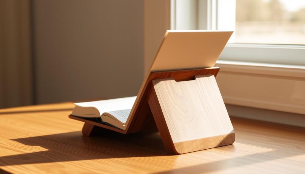 A sturdy, well-crafted book holder stands firmly on a wooden desk, its angled design providing a stable support for an open book. Warm, natural lighting from a window bathes the scene, casting soft shadows and highlighting the intricate grain of the wood. The holder's smooth, minimalist lines and neutral tones create a tranquil, focused atmosphere, ideal for effortless reading. Viewed from a slightly elevated angle, the image captures the thoughtful engineering behind this essential reading accessory, showcasing its practical utility and elegant design.