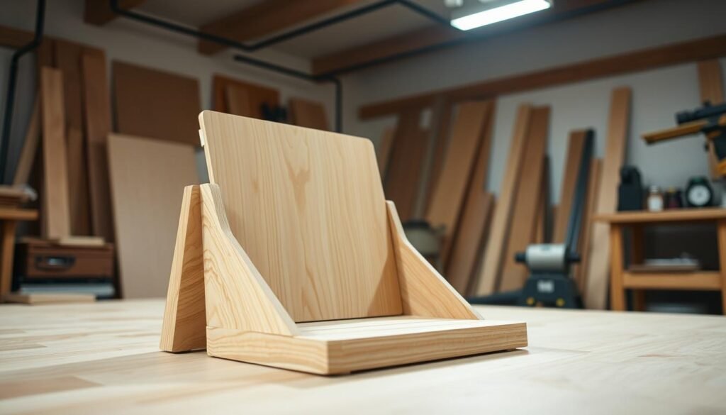 A sturdy wooden tablet support structure in a well-lit workshop, captured from a low angle. The structure features a slatted base to hold the tablet, with a raised back panel to provide angled support. The wood has a warm, natural grain texture, and the overall design is minimalist and functional. Soft, diffused lighting from overhead illuminates the scene, creating gentle shadows and highlights that accentuate the clean lines and crafted details. The composition emphasizes the structural elements, inviting the viewer to imagine the process of assembling this practical and attractive tablet stand.