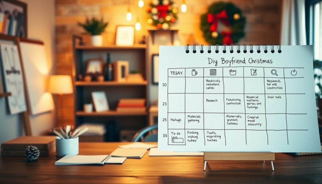 A stylish, hand-drawn DIY project planning timeline, set against a warm, cozy backdrop. In the foreground, a minimalist calendar with sketched icons representing each stage - ideation, research, materials gathering, construction, finishing touches. The middle ground features neatly organized to-do lists, tools, and inspirational mood boards. In the background, a softly-lit workspace with wooden shelves, potted plants, and a festive wreath, evoking a sense of holiday crafting. The overall aesthetic is inviting, organized, and radiates a handmade, personalized charm, perfectly suited to illustrate the thoughtful planning process for a DIY boyfriend Christmas gift. A stylish, hand-drawn DIY project planning timeline, set against a warm, cozy backdrop. In the foreground, a minimalist calendar with sketched icons representing each stage - ideation, research, materials gathering, construction, finishing touches. The middle ground features neatly organized to-do lists, tools, and inspirational mood boards. In the background, a softly-lit workspace with wooden shelves, potted plants, and a festive wreath, evoking a sense of holiday crafting. The overall aesthetic is inviting, organized, and radiates a handmade, personalized charm, perfectly suited to illustrate the thoughtful planning process for a DIY boyfriend Christmas gift.