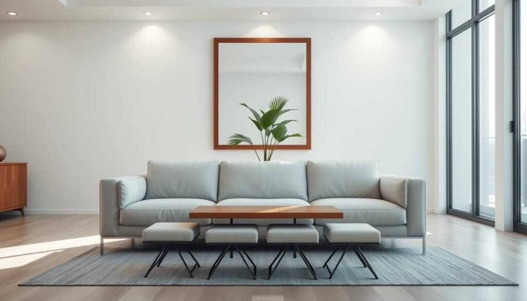 A stylish living room set in a modern, sun-lit interior. A sleek, low-profile sofa with clean lines and soft, plush upholstery sits in the foreground, complemented by a pair of minimalist stools tucked underneath a wooden sofa table. The middle ground features a large, square-framed mirror that reflects the natural light pouring in through large windows, creating a sense of depth and openness. In the background, a tall, potted plant adds a touch of greenery, while subtle, recessed lighting casts a warm, inviting glow throughout the space. The overall atmosphere is one of refined elegance and understated sophistication. A stylish living room set in a modern, sun-lit interior. A sleek, low-profile sofa with clean lines and soft, plush upholstery sits in the foreground, complemented by a pair of minimalist stools tucked underneath a wooden sofa table. The middle ground features a large, square-framed mirror that reflects the natural light pouring in through large windows, creating a sense of depth and openness. In the background, a tall, potted plant adds a touch of greenery, while subtle, recessed lighting casts a warm, inviting glow throughout the space. The overall atmosphere is one of refined elegance and understated sophistication.