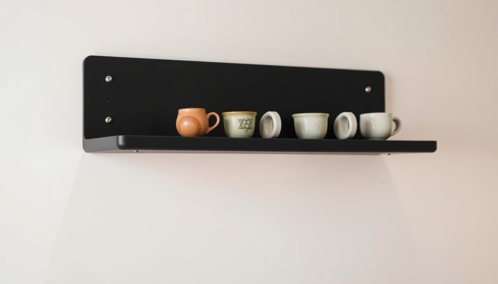 A stylized, well-lit DIY shelving unit mounted securely to a clean, minimalist white wall. The foreground features a matte black floating shelf with smooth, rounded edges, ready to display an array of handcrafted ceramic mugs. The middle ground showcases the shelf's sturdy metal mounting brackets, subtly integrated into the wall's surface. The background has a softly blurred gradient, focusing attention on the displayed mugs. The lighting is soft and diffused, creating gentle shadows that accentuate the shelf's elegant, modern design. The overall mood is one of artisanal craftsmanship and functional minimalism.