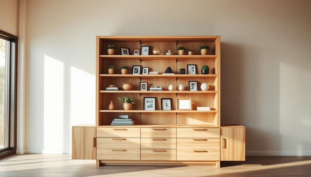 A tall, elegant wooden dresser with multiple shelves, standing in a bright, airy room flooded with natural light. The dresser is made of high-quality, light-colored wood, with a smooth, polished finish and clean, minimalist lines. Rows of neatly arranged decorative items, such as plants, photo frames, and small sculptures, adorn the shelves, creating a harmonious and visually appealing display. The dresser is positioned against a neutral-colored wall, allowing the wood grain and shelved contents to be the focal point. Warm, diffused lighting from a large window casts a soft, natural glow across the scene, highlighting the textures and creating a calming, inviting atmosphere.