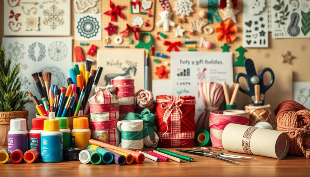 A vibrant still life composition showcasing an array of DIY Christmas gift crafting supplies. In the foreground, an assortment of colorful acrylic paints, paint brushes, and markers are neatly arranged on a wooden table. In the middle ground, rolls of festive ribbon, spools of thread, and a pair of sharp scissors sit alongside a collection of colorful yarn in various hues. In the background, a variety of holiday-themed stencils, stamping tools, and scrapbooking embellishments create a sense of visual depth and creative potential. The scene is illuminated by warm, natural lighting, casting a cozy, inviting atmosphere perfect for the holiday season. A vibrant still life composition showcasing an array of DIY Christmas gift crafting supplies. In the foreground, an assortment of colorful acrylic paints, paint brushes, and markers are neatly arranged on a wooden table. In the middle ground, rolls of festive ribbon, spools of thread, and a pair of sharp scissors sit alongside a collection of colorful yarn in various hues. In the background, a variety of holiday-themed stencils, stamping tools, and scrapbooking embellishments create a sense of visual depth and creative potential. The scene is illuminated by warm, natural lighting, casting a cozy, inviting atmosphere perfect for the holiday season.
