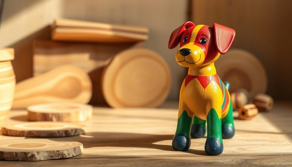 A vibrant, well-lit wooden toy dog, its surface intricately painted with bold strokes of primary colors. The dog stands prominently in the foreground, its playful expression and rounded features conveying a sense of whimsical charm. In the middle ground, a selection of natural wooden textures and patterns provide a rustic, handcrafted backdrop, while the background features soft, muted tones that gently complement the vivid hues of the painted toy. The lighting, slightly directional, casts warm shadows that accentuate the toy's contours and lend a sense of depth and dimension to the scene. The overall mood is one of artisanal craftsmanship, inviting the viewer to imagine the process of personalization and the joy of playing with this unique, handmade wooden toy. A vibrant, well-lit wooden toy dog, its surface intricately painted with bold strokes of primary colors. The dog stands prominently in the foreground, its playful expression and rounded features conveying a sense of whimsical charm. In the middle ground, a selection of natural wooden textures and patterns provide a rustic, handcrafted backdrop, while the background features soft, muted tones that gently complement the vivid hues of the painted toy. The lighting, slightly directional, casts warm shadows that accentuate the toy's contours and lend a sense of depth and dimension to the scene. The overall mood is one of artisanal craftsmanship, inviting the viewer to imagine the process of personalization and the joy of playing with this unique, handmade wooden toy.