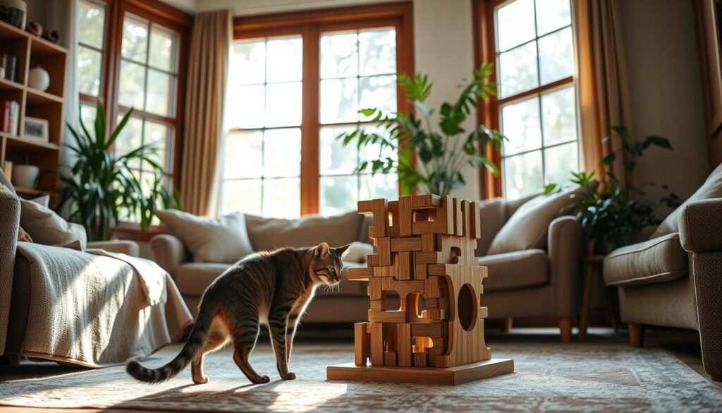 A warm, inviting living room with natural lighting streaming through large windows. In the center, a wooden puzzle-style cat house stands, its intricate design inviting a curious feline to explore. The cat, a sleek and elegant tabby, approaches cautiously, sniffing the new structure with interest. Soft textures, cozy furnishings, and plants create a serene, calming atmosphere, encouraging the cat to feel safe and comfortable in its new environment. The camera angle is slightly elevated, capturing the interaction from an observant, yet unobtrusive perspective.
