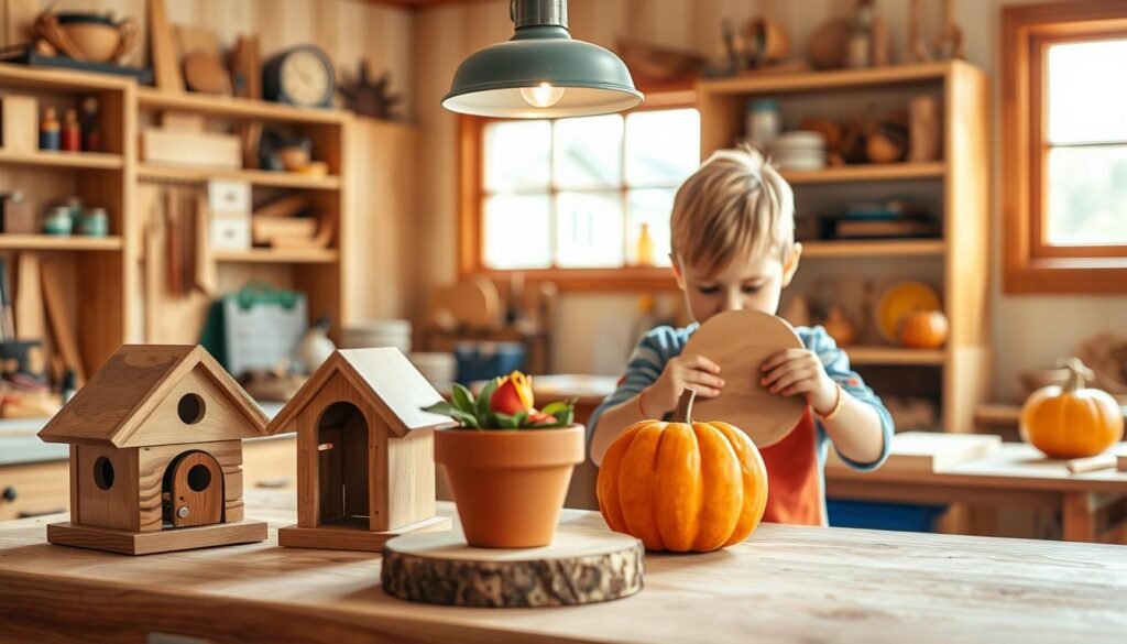 A warm, inviting woodshop scene showcasing a variety of seasonal woodworking crafts for preschoolers. In the foreground, a small wooden birdhouse, a painted flower pot, and a carved pumpkin sit on a sturdy workbench. In the middle ground, a preschooler diligently sands a simple wooden plaque, their face lit by the soft glow of a pendant lamp overhead. In the background, shelves hold an array of small woodworking tools and supplies, framed by a large window that allows natural light to stream in, creating a cozy, educational atmosphere. The overall mood is one of creativity, discovery, and the joy of hands-on learning. A warm, inviting woodshop scene showcasing a variety of seasonal woodworking crafts for preschoolers. In the foreground, a small wooden birdhouse, a painted flower pot, and a carved pumpkin sit on a sturdy workbench. In the middle ground, a preschooler diligently sands a simple wooden plaque, their face lit by the soft glow of a pendant lamp overhead. In the background, shelves hold an array of small woodworking tools and supplies, framed by a large window that allows natural light to stream in, creating a cozy, educational atmosphere. The overall mood is one of creativity, discovery, and the joy of hands-on learning.