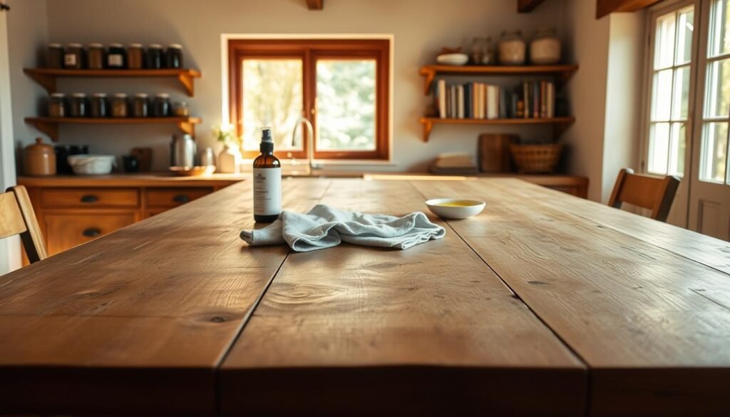 A warm, well-lit farmhouse kitchen with a sturdy wooden table in the foreground. The table's surface is smoothed and polished, with a soft sheen. On it, a cloth is laid, and various items are arranged - a bottle of wood polish, a soft cloth, and a small bowl of lemon oil. Sunlight streams in through a large window, casting a gentle glow on the scene. The background features rustic shelves with jars and cookbooks, hinting at the table's role in the heart of the home. The overall mood is one of care, attention, and a sense of timeless tradition.